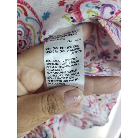 Chico's Beige w/Red Purple Pasley 100% Linen "No Iron" Button Up Blouse size 14 - Picture 6 of 7